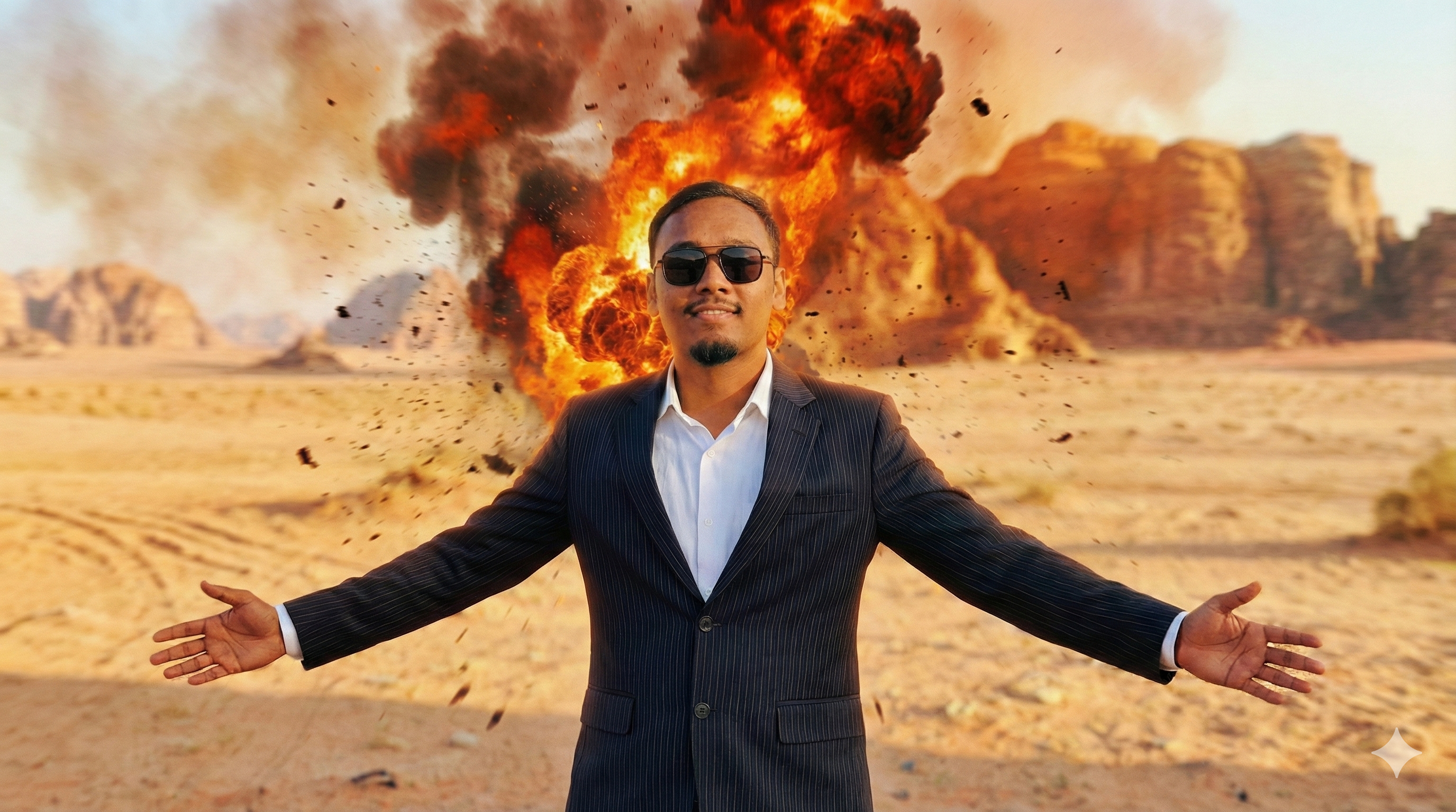 Md Maruf Hossen standing with arms wide open with an explosion behind him in the desert